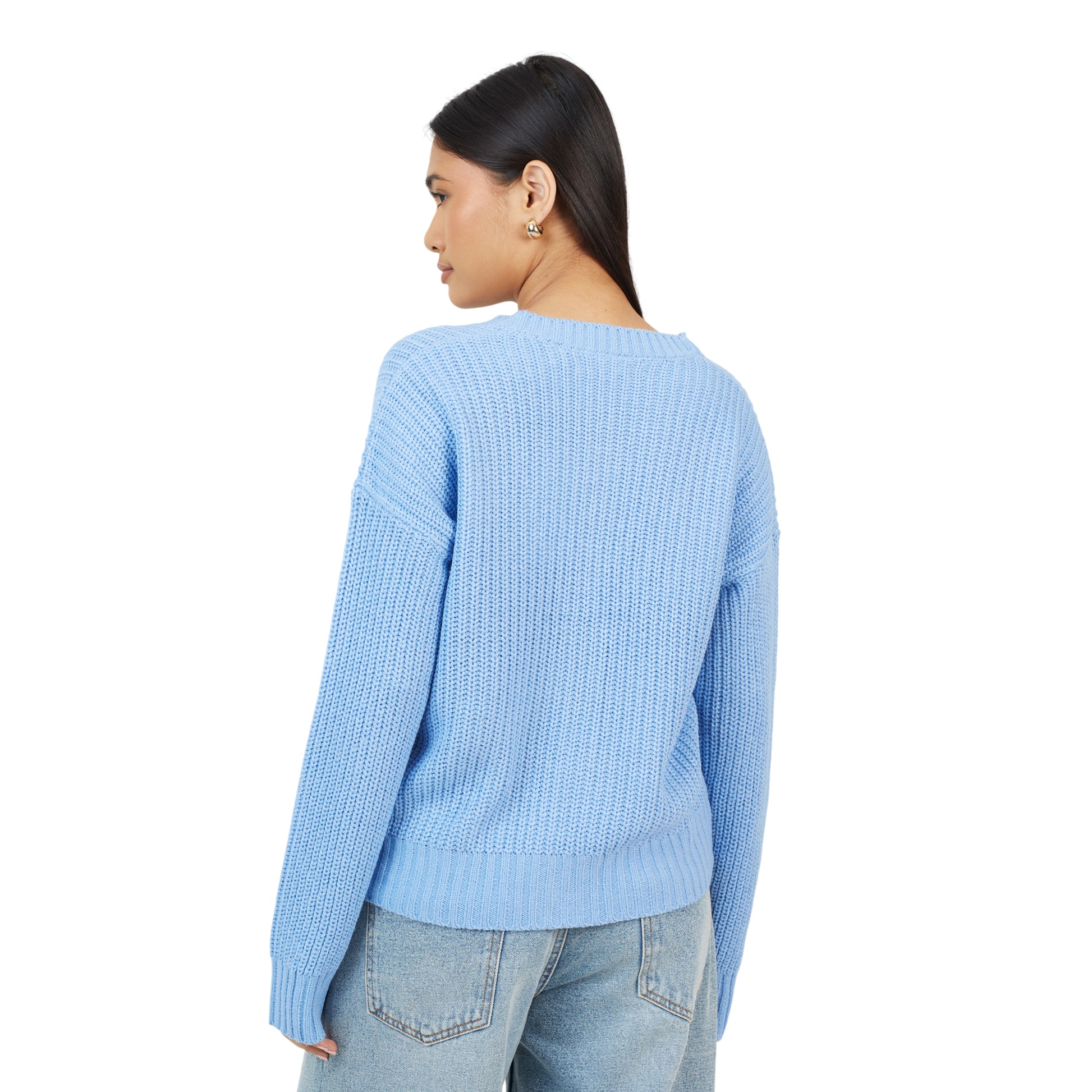 Blue - Back - Brave Soul Womens-Ladies Fisherman Ribbed Cardigan