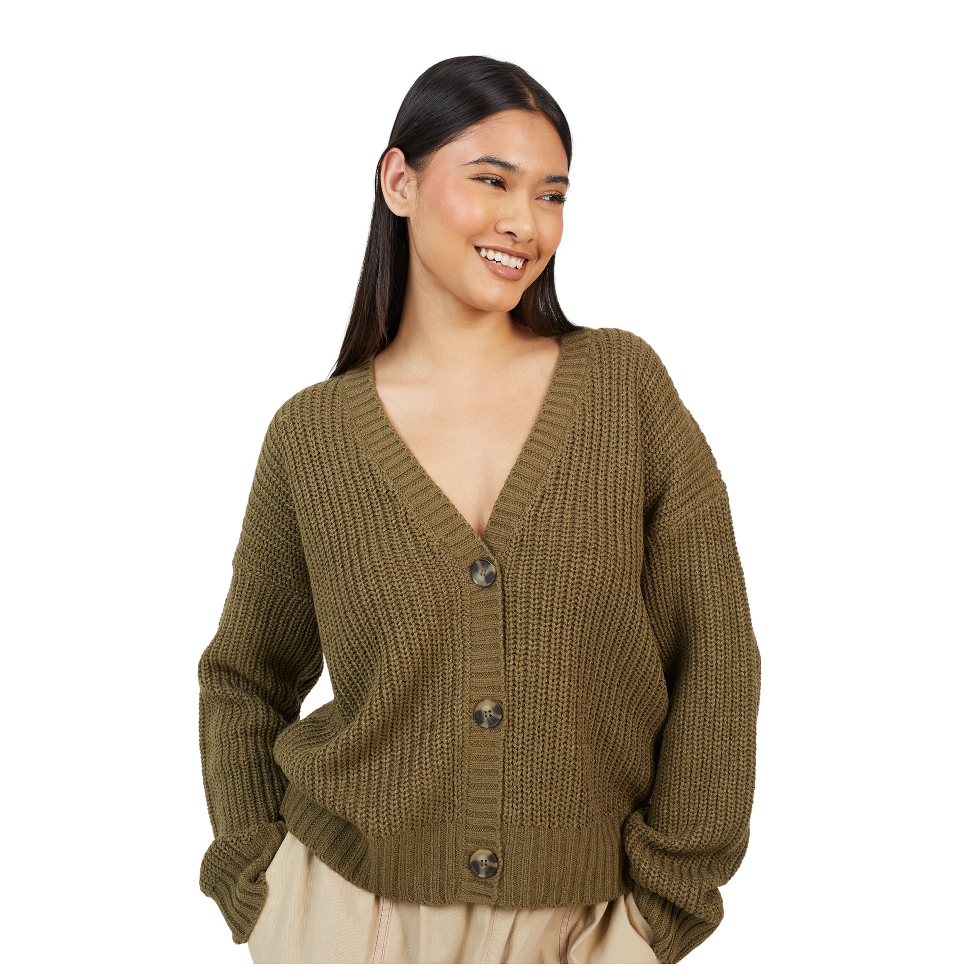 Khaki - Side - Brave Soul Womens-Ladies Fisherman Ribbed Cardigan