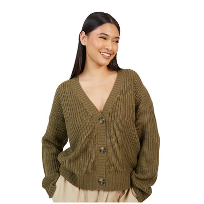 Khaki - Side - Brave Soul Womens-Ladies Fisherman Ribbed Cardigan
