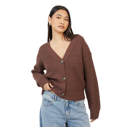 Brown - Front - Brave Soul Womens-Ladies Fisherman Ribbed Cardigan