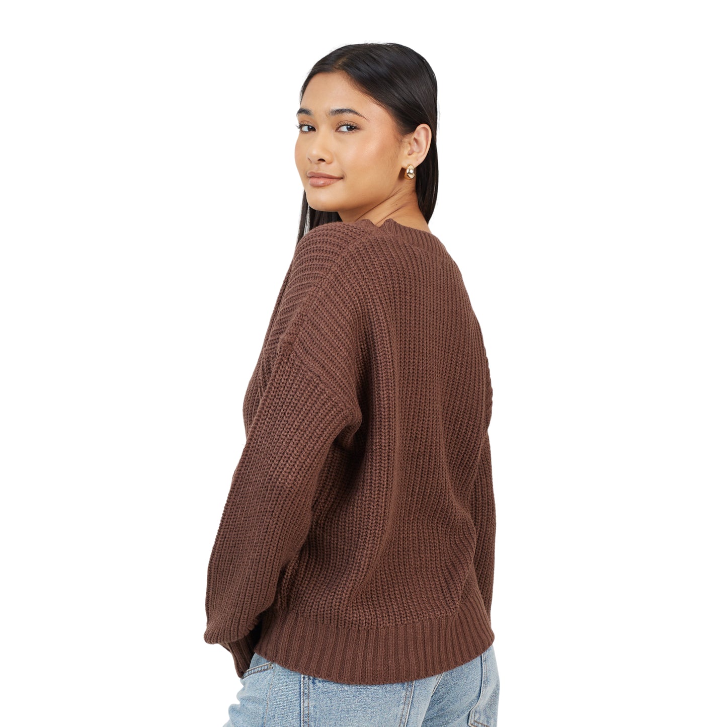 Brown - Back - Brave Soul Womens-Ladies Fisherman Ribbed Cardigan