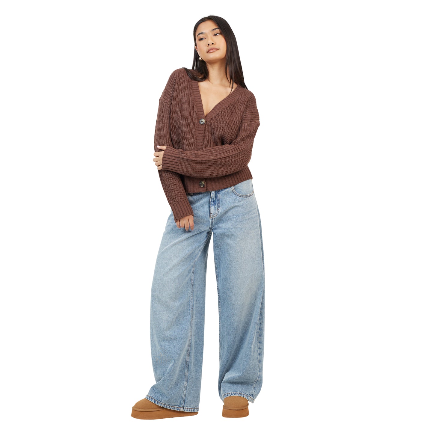 Brown - Lifestyle - Brave Soul Womens-Ladies Fisherman Ribbed Cardigan