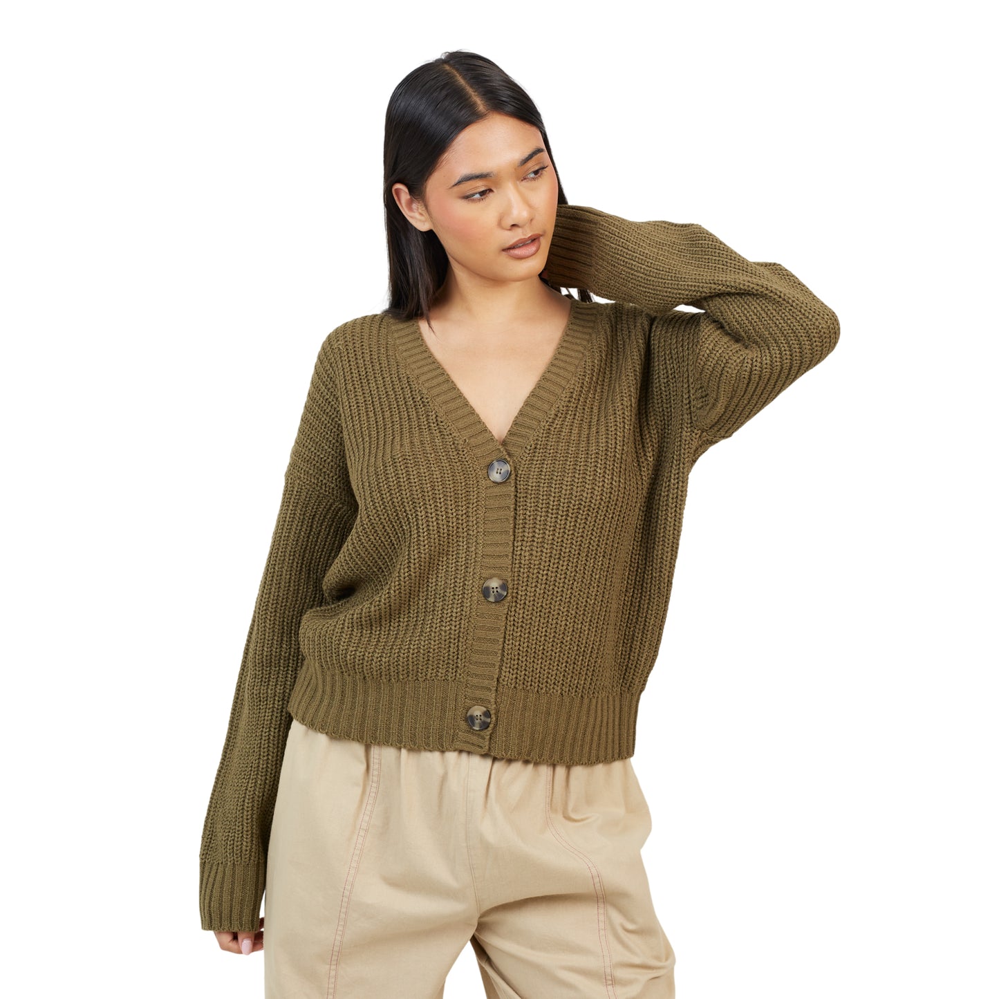 Khaki - Front - Brave Soul Womens-Ladies Fisherman Ribbed Cardigan