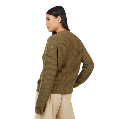 Khaki - Back - Brave Soul Womens-Ladies Fisherman Ribbed Cardigan
