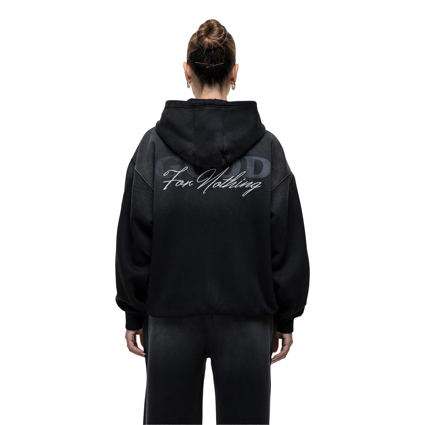 Black - Back - Good For Nothing Womens-Ladies Spray Full Zip Hoodie