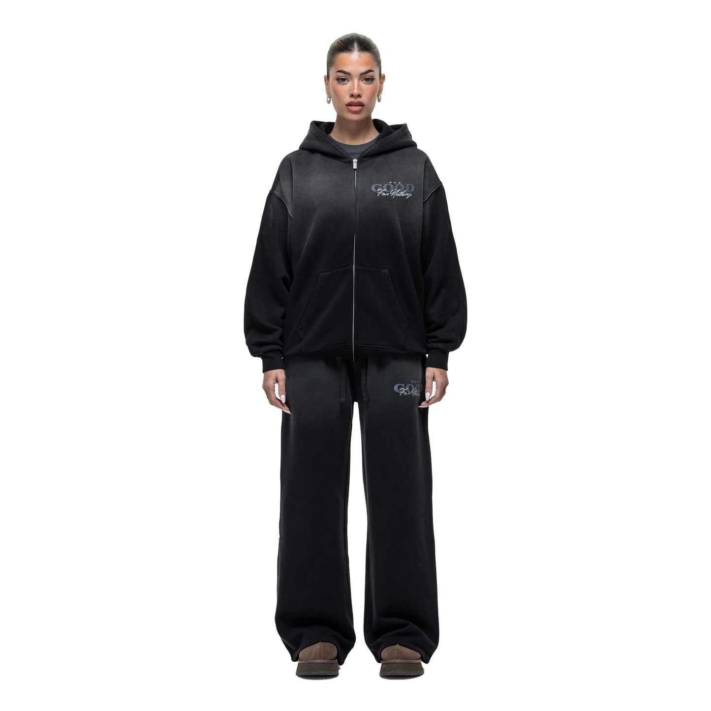 Black - Pack Shot - Good For Nothing Womens-Ladies Spray Full Zip Hoodie