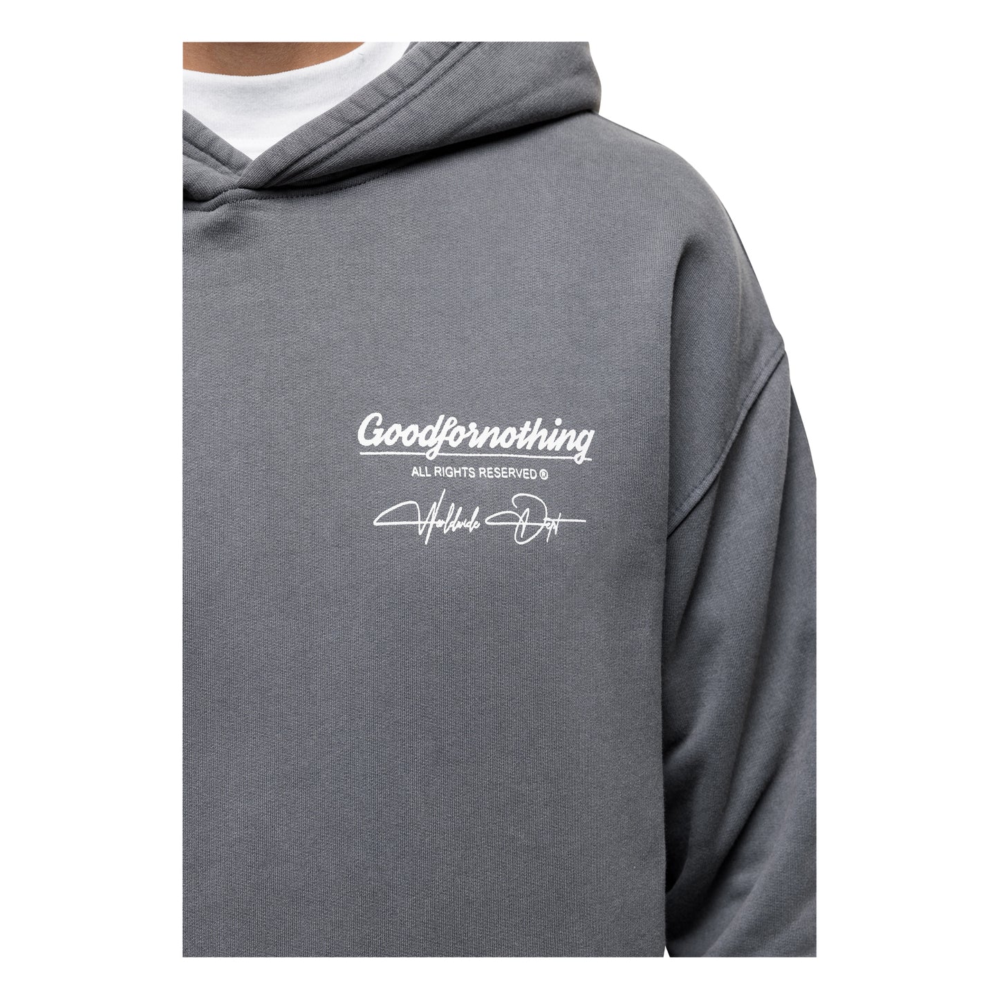 Grey - Side - Good For Nothing Mens Cult Graphic Pull Over Oversized Hoodie