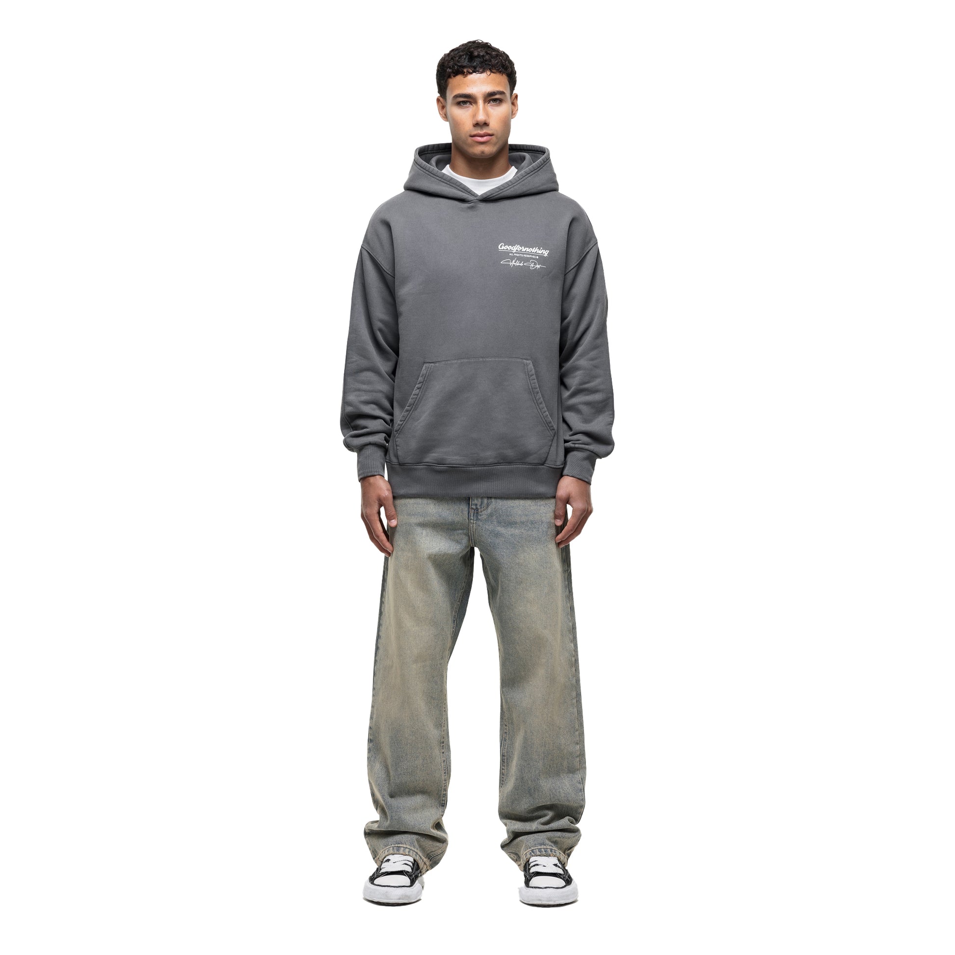 Grey - Pack Shot - Good For Nothing Mens Cult Graphic Pull Over Oversized Hoodie