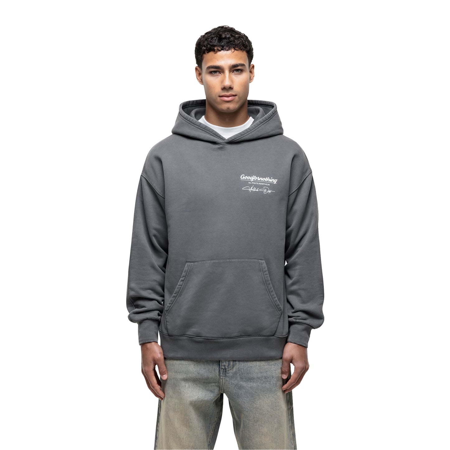 Grey - Front - Good For Nothing Mens Cult Graphic Pull Over Oversized Hoodie