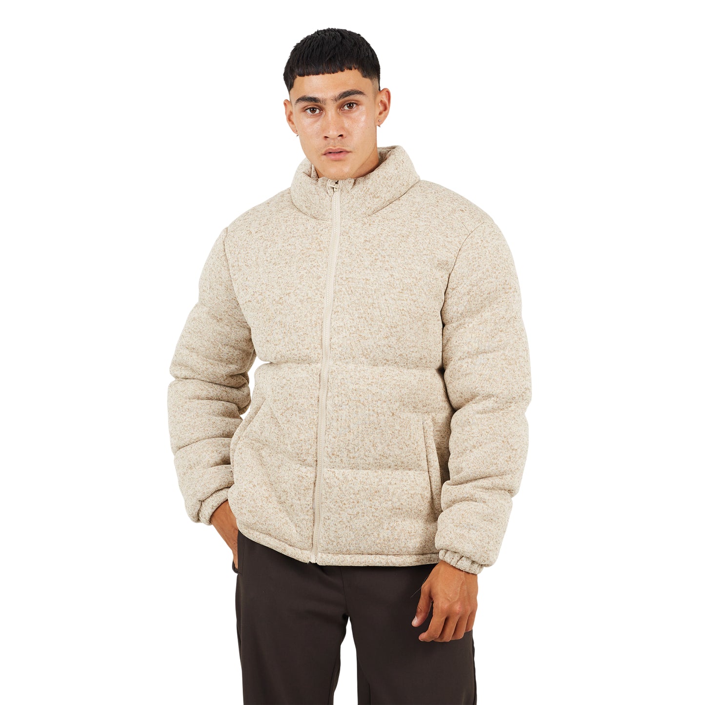 Stone - Front - Brave Soul Mens Knitted Funnel Neck Padded Jacket