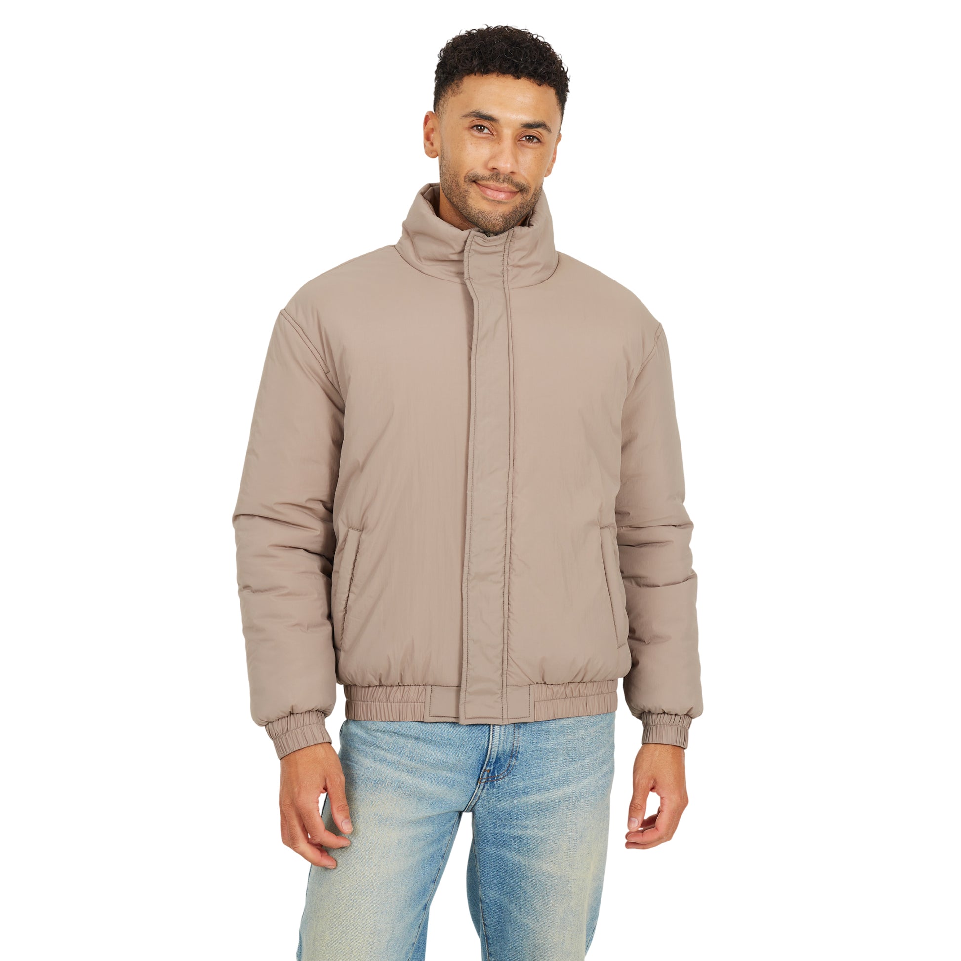 Taupe - Front - Brave Soul Mens Padded Oversized Bomber Jacket
