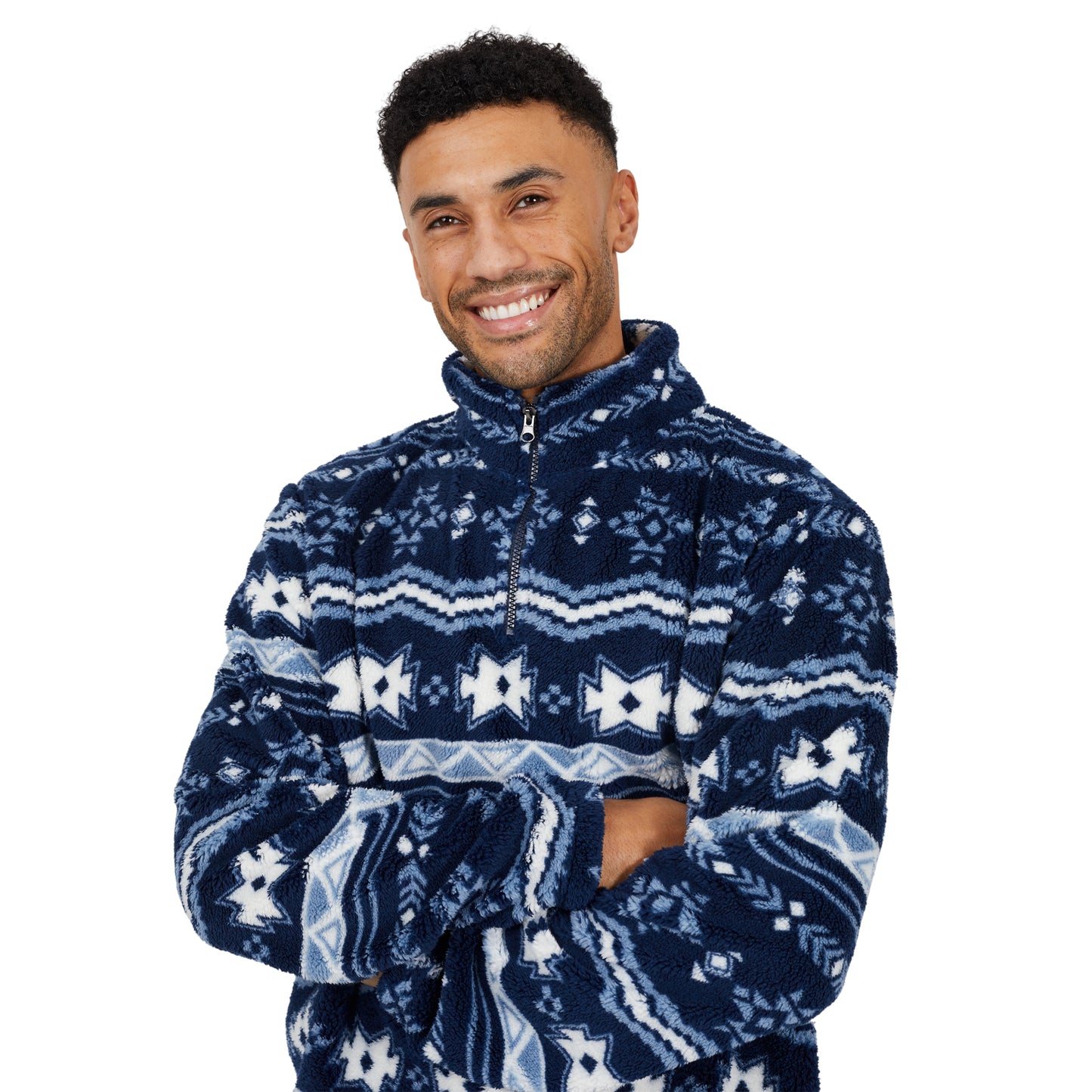 Navy-Multicoloured - Side - Brave Soul Mens Borg Quarter Zip Fleece