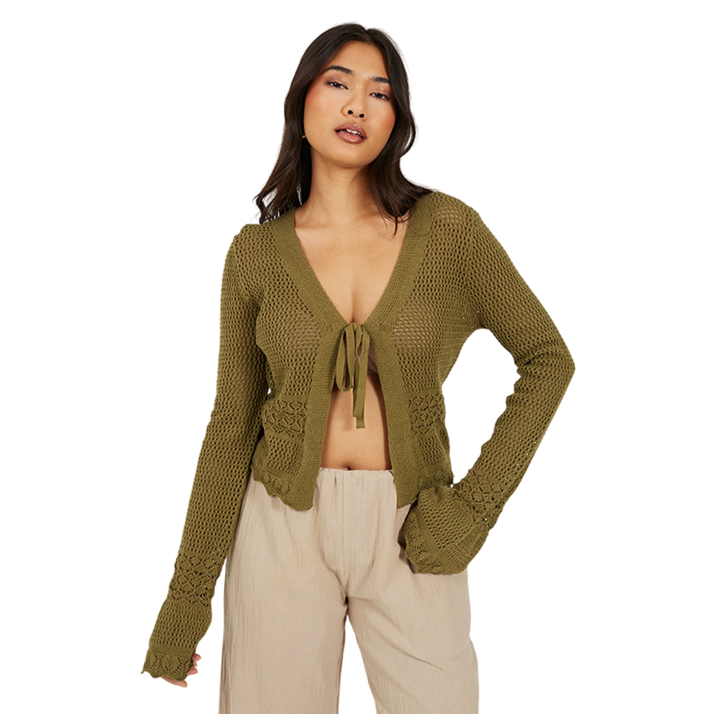 Light Khaki - Front - Brave Soul Womens-Ladies Front Tie Cardigan