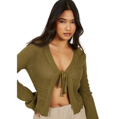 Light Khaki - Side - Brave Soul Womens-Ladies Front Tie Cardigan