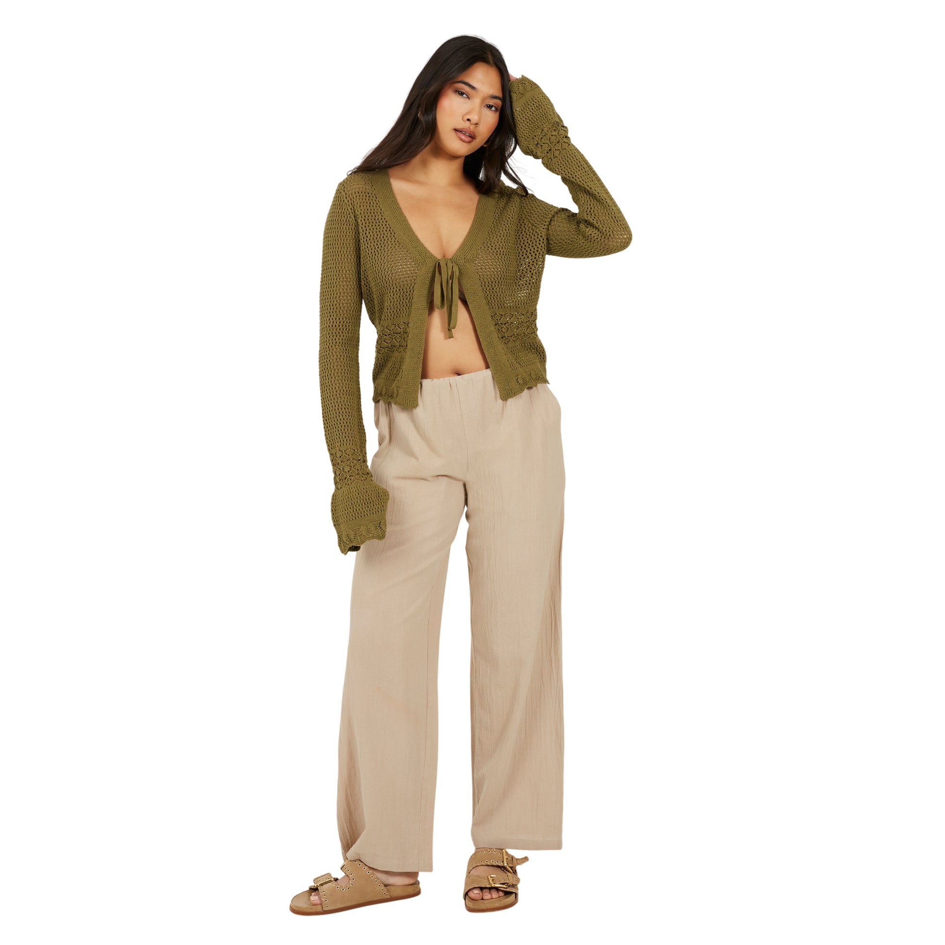 Light Khaki - Lifestyle - Brave Soul Womens-Ladies Front Tie Cardigan
