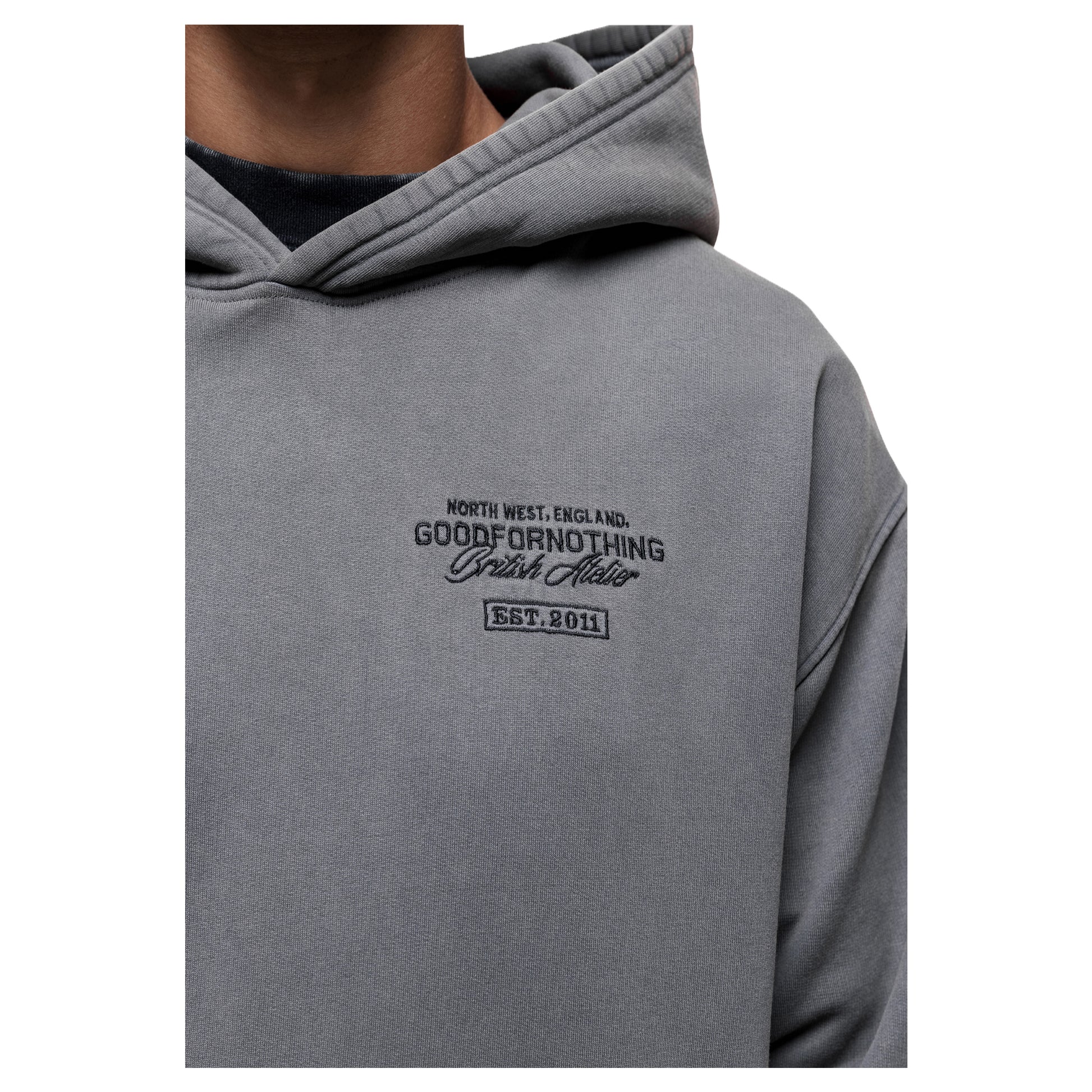 Grey - Side - Good For Nothing Mens Atelier Pull Over Branded Oversized Hoodie