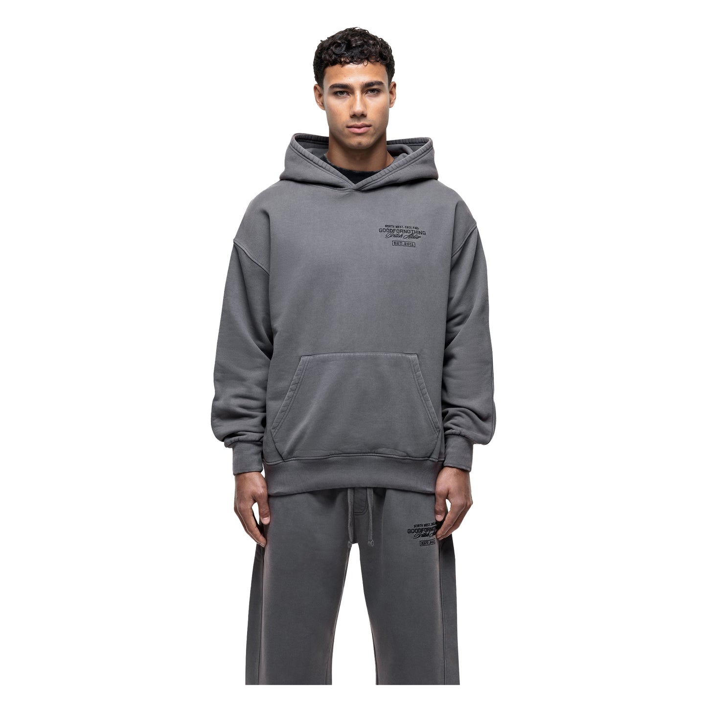 Grey - Front - Good For Nothing Mens Atelier Pull Over Branded Oversized Hoodie