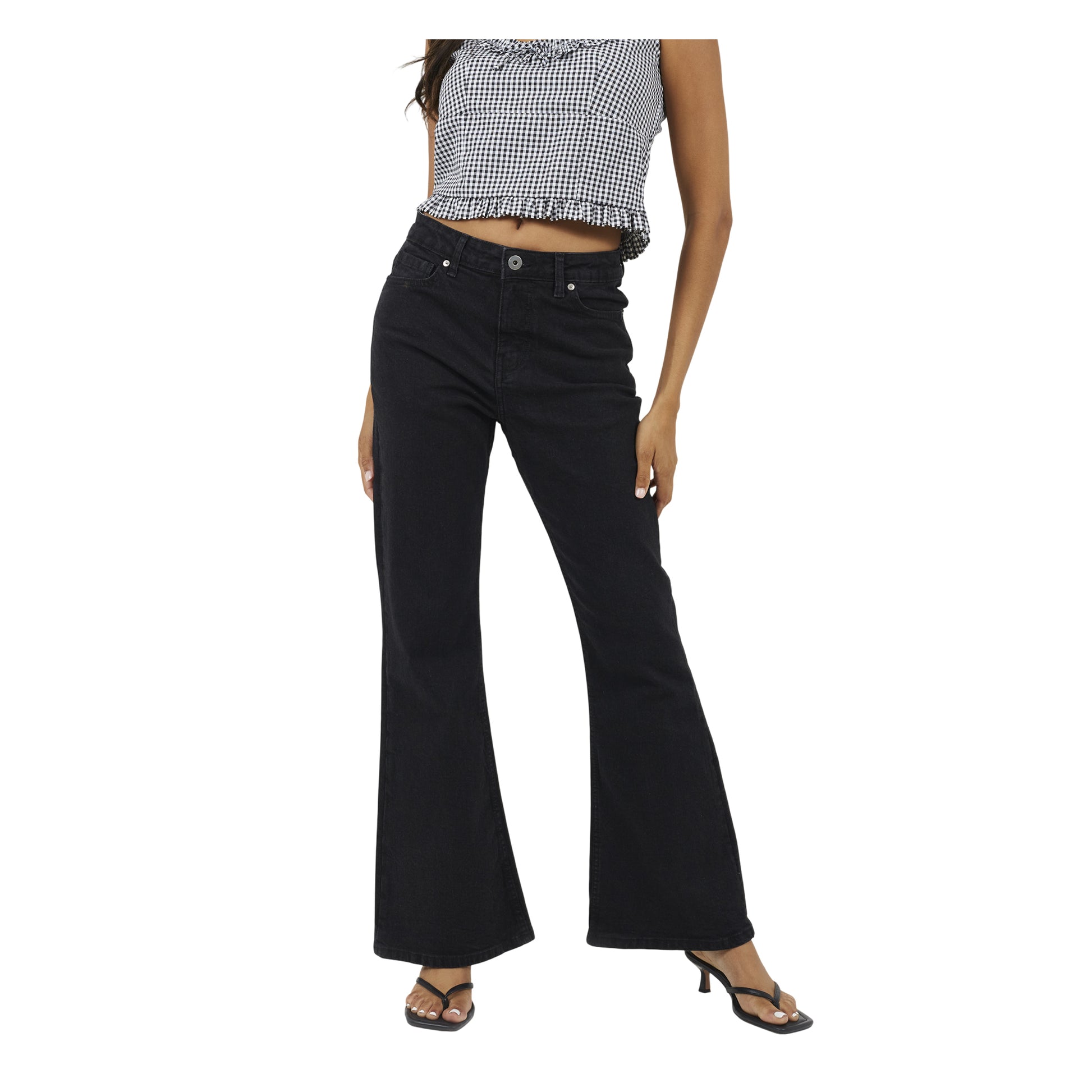 True Black - Front - Brave Soul Womens-Ladies Flared Mid Rise Jeans