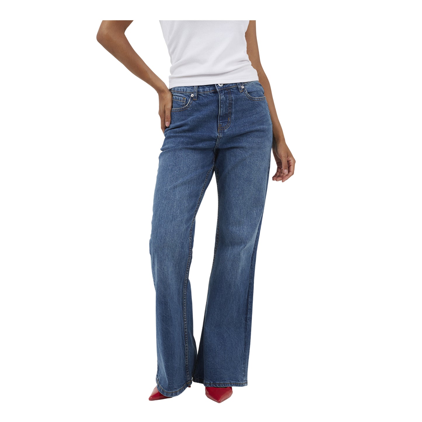 Vintage-Mid Blue - Front - Brave Soul Womens-Ladies Flared Mid Rise Jeans