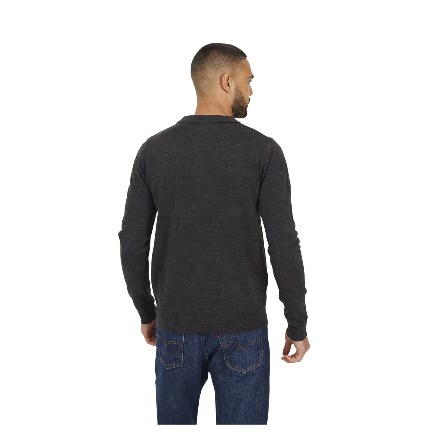 Dark Charcoal Marl - Back - Brave Soul Mens Knitted Ribbed Collar Long-Sleeved Polo Shirt