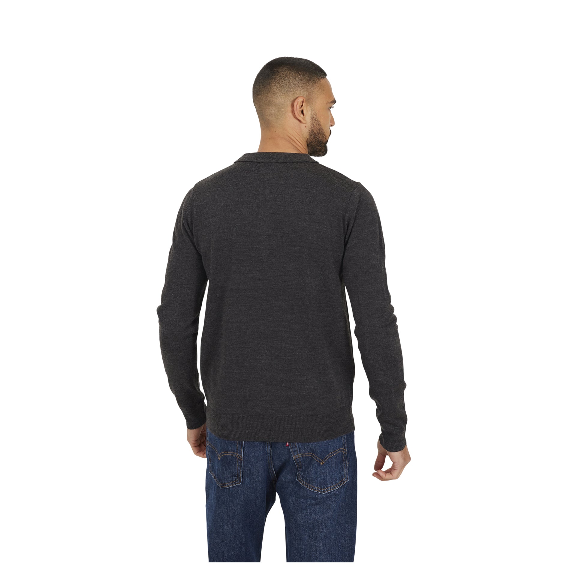 Dark Charcoal Marl - Back - Brave Soul Mens Knitted Ribbed Collar Long-Sleeved Polo Shirt