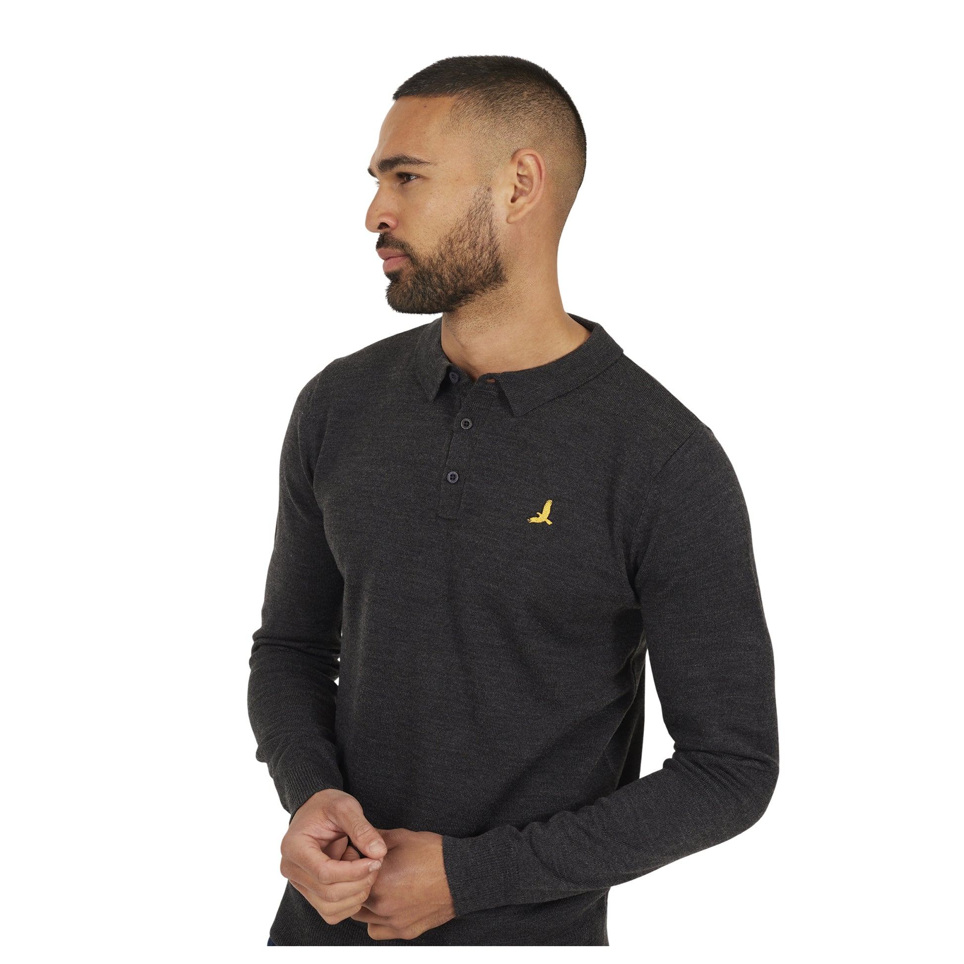 Dark Charcoal Marl - Side - Brave Soul Mens Knitted Ribbed Collar Long-Sleeved Polo Shirt