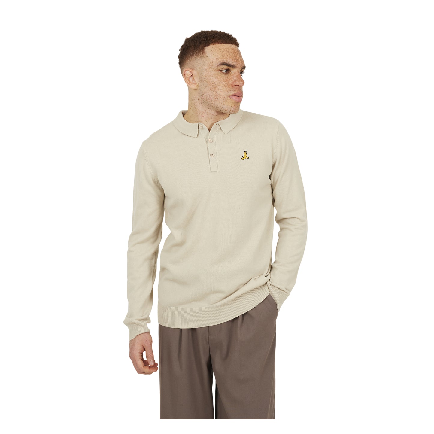 Off White - Front - Brave Soul Mens Knitted Ribbed Collar Long-Sleeved Polo Shirt