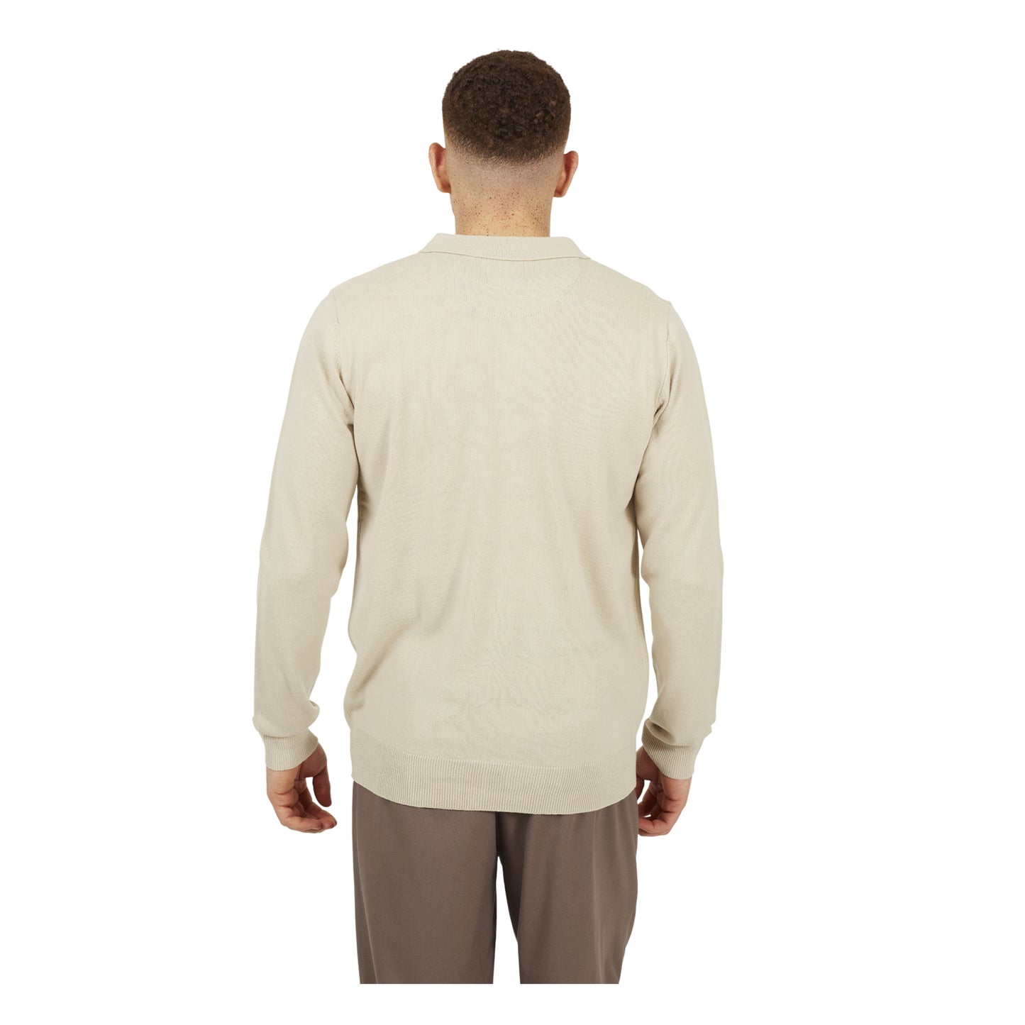 Off White - Back - Brave Soul Mens Knitted Ribbed Collar Long-Sleeved Polo Shirt