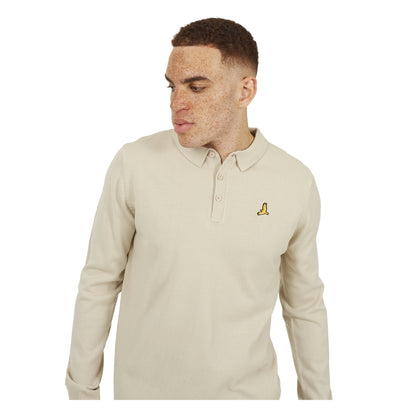 Off White - Side - Brave Soul Mens Knitted Ribbed Collar Long-Sleeved Polo Shirt