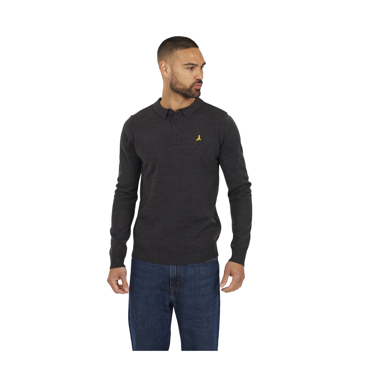 Dark Charcoal Marl - Front - Brave Soul Mens Knitted Ribbed Collar Long-Sleeved Polo Shirt