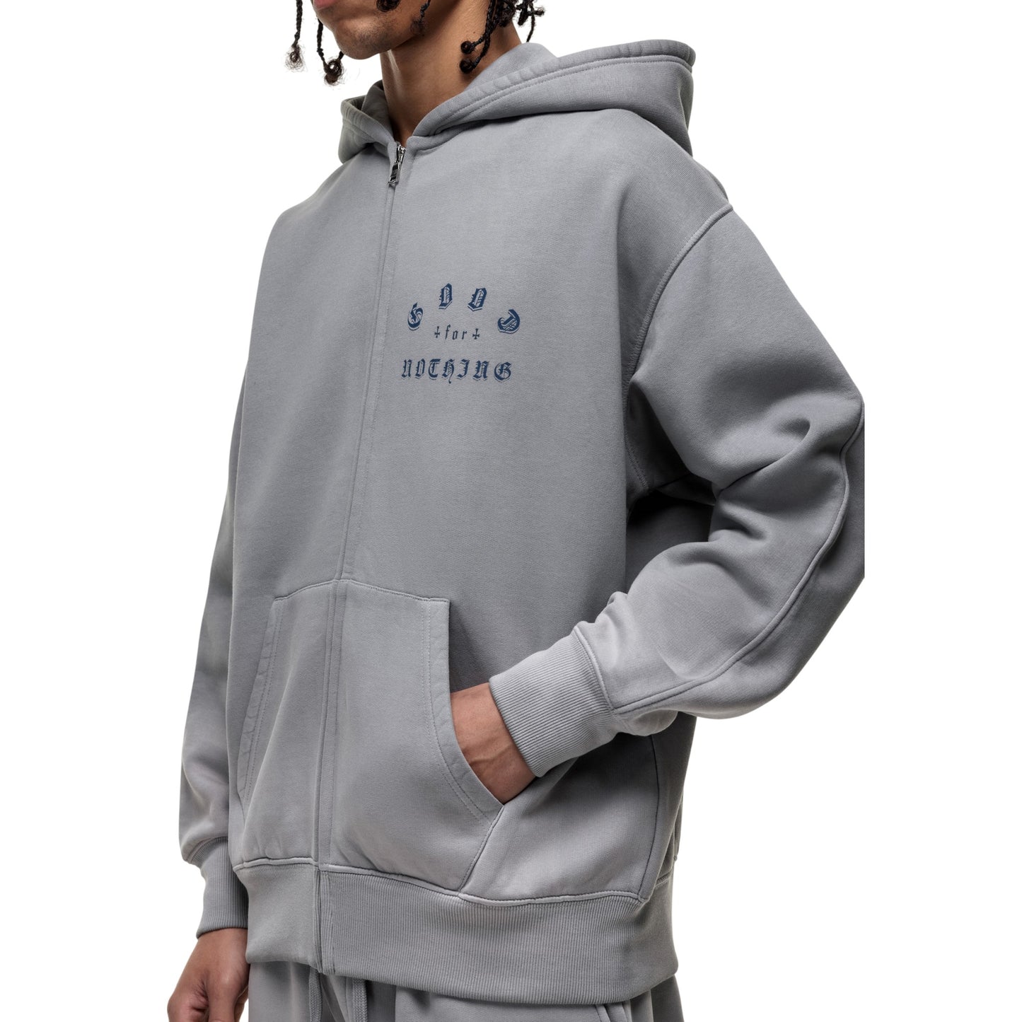 Grey - Side - Good For Nothing Mens Spray Washed Full Zip Full Zip Hoodie