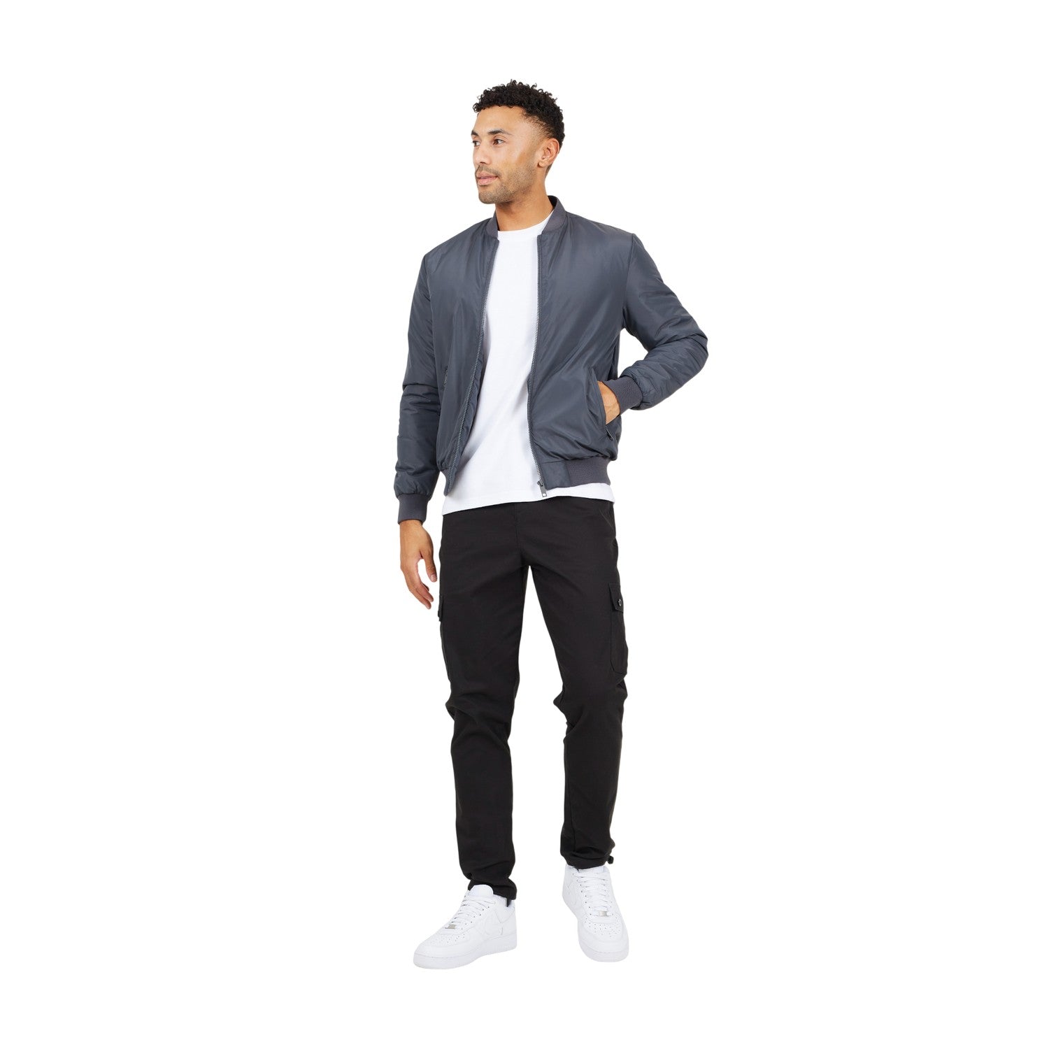 Dark Grey - Side - Brave Soul Mens Plain Padded Bomber Jacket