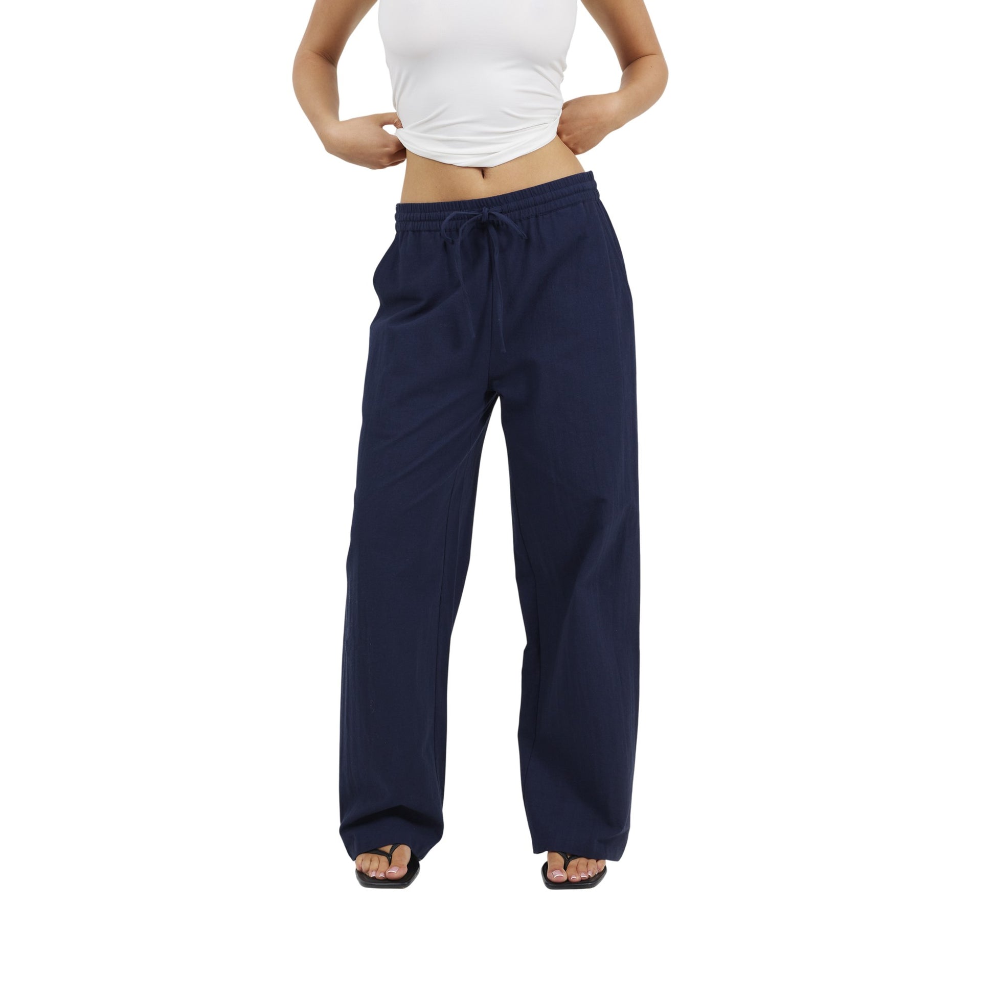 Dark Navy - Front - Brave Soul Womens-Ladies Linen Straight Trousers