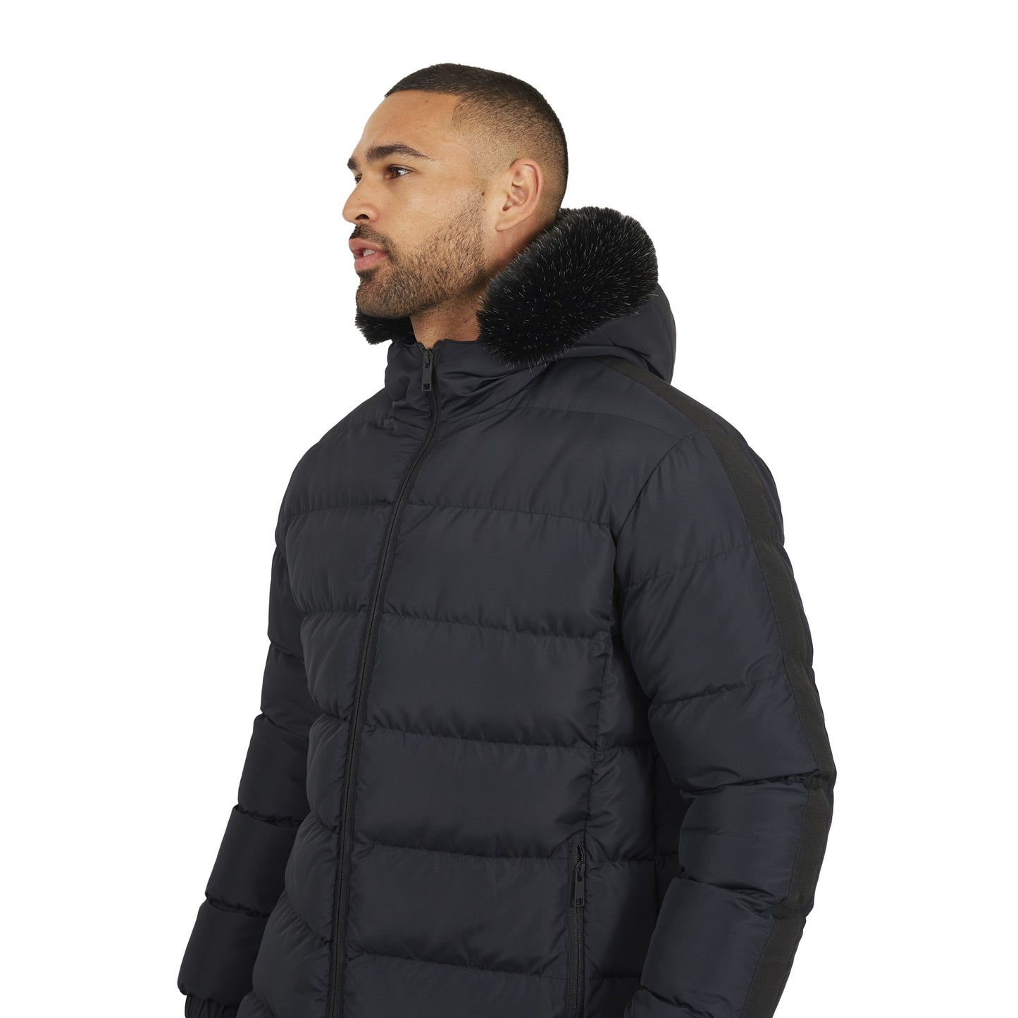 Black - Side - Brave Soul Mens Hooded Long Length Padded Jacket