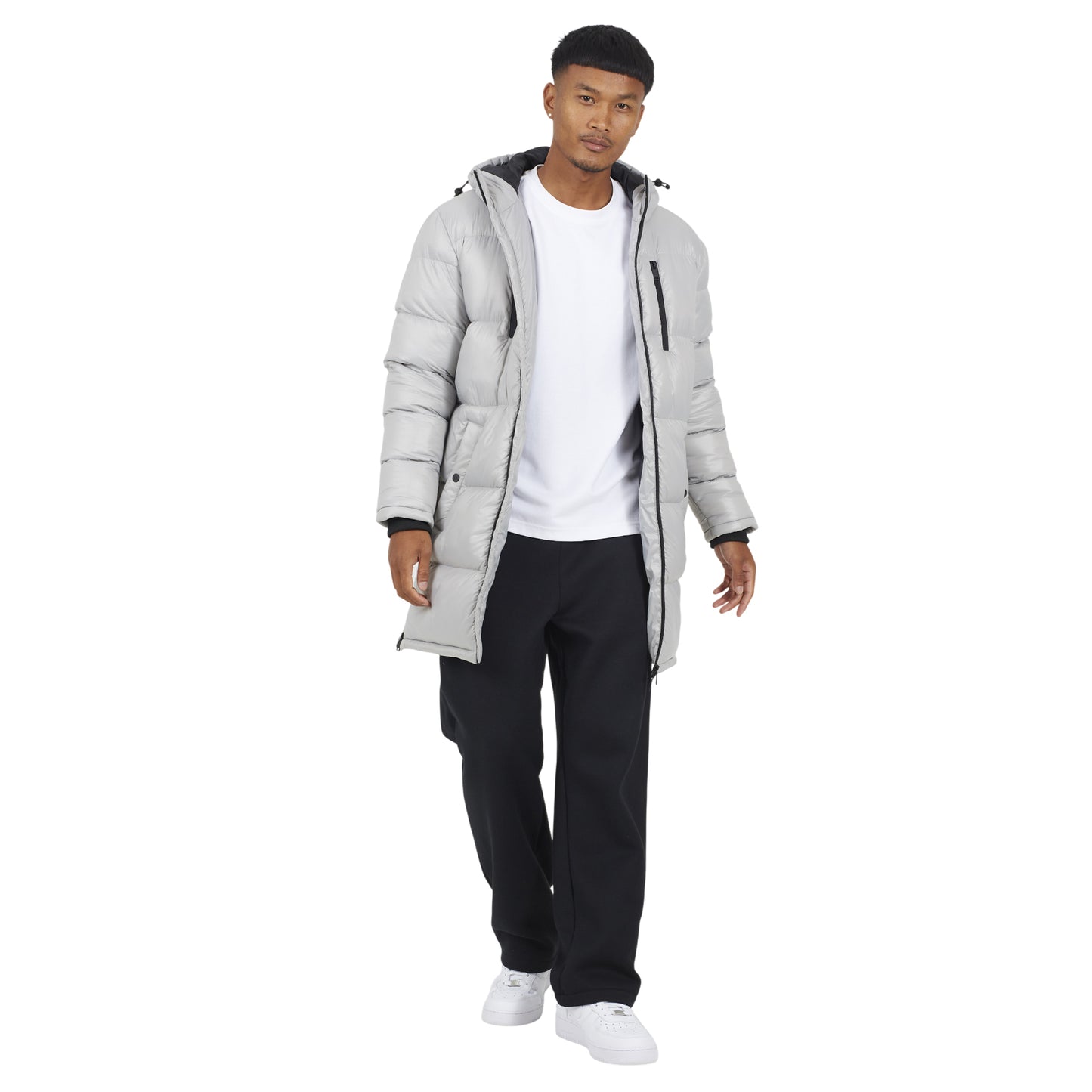 Ice Grey - Front - Brave Soul Mens Hooded Long Length Padded Jacket