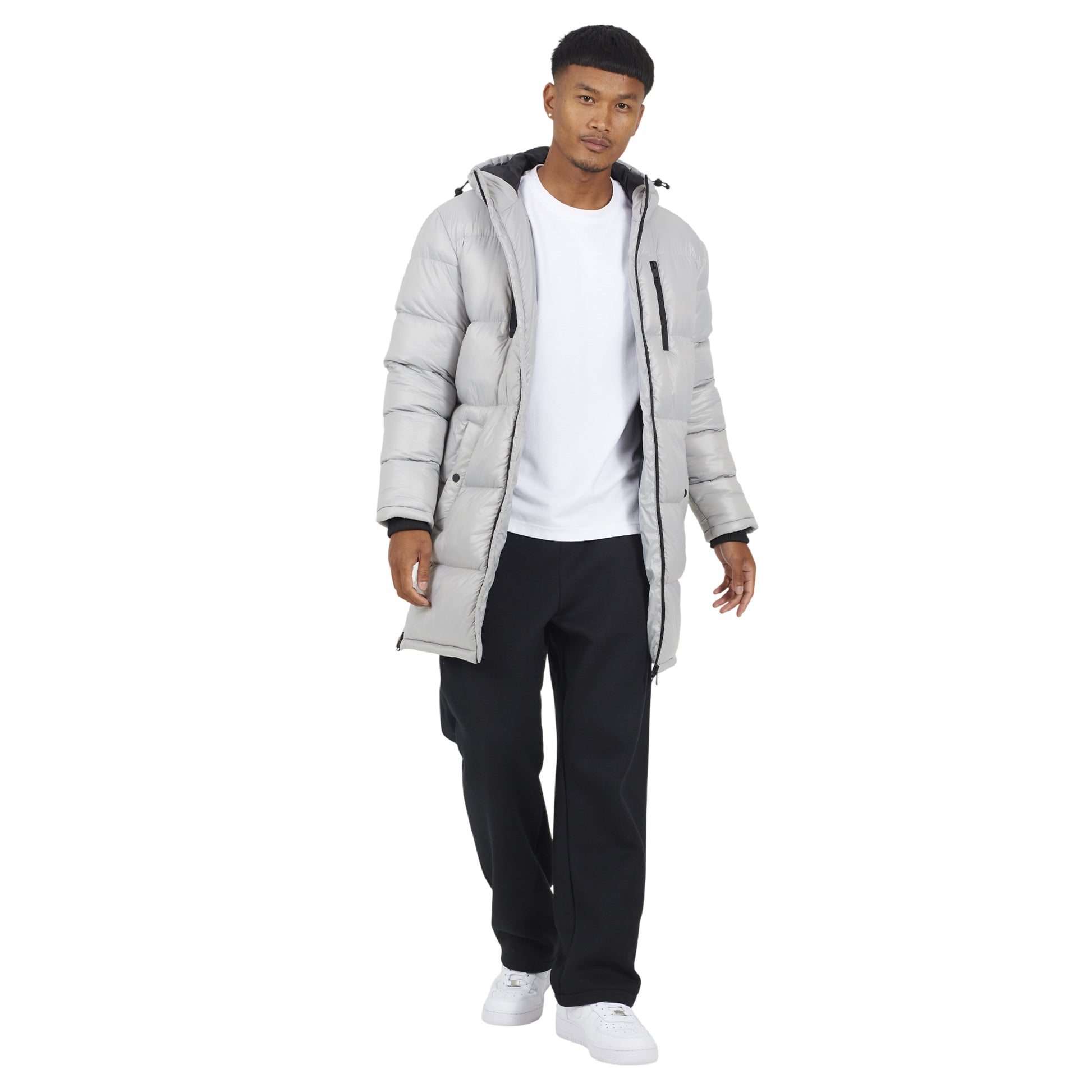 Ice Grey - Front - Brave Soul Mens Hooded Long Length Padded Jacket