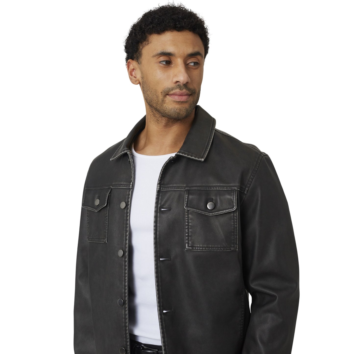 Black - Side - Brave Soul Mens Buttoned PU Shacket