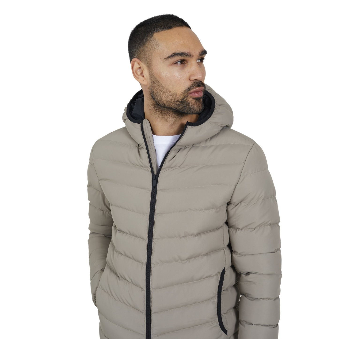 Taupe - Back - Brave Soul Mens Padded Hooded Jacket