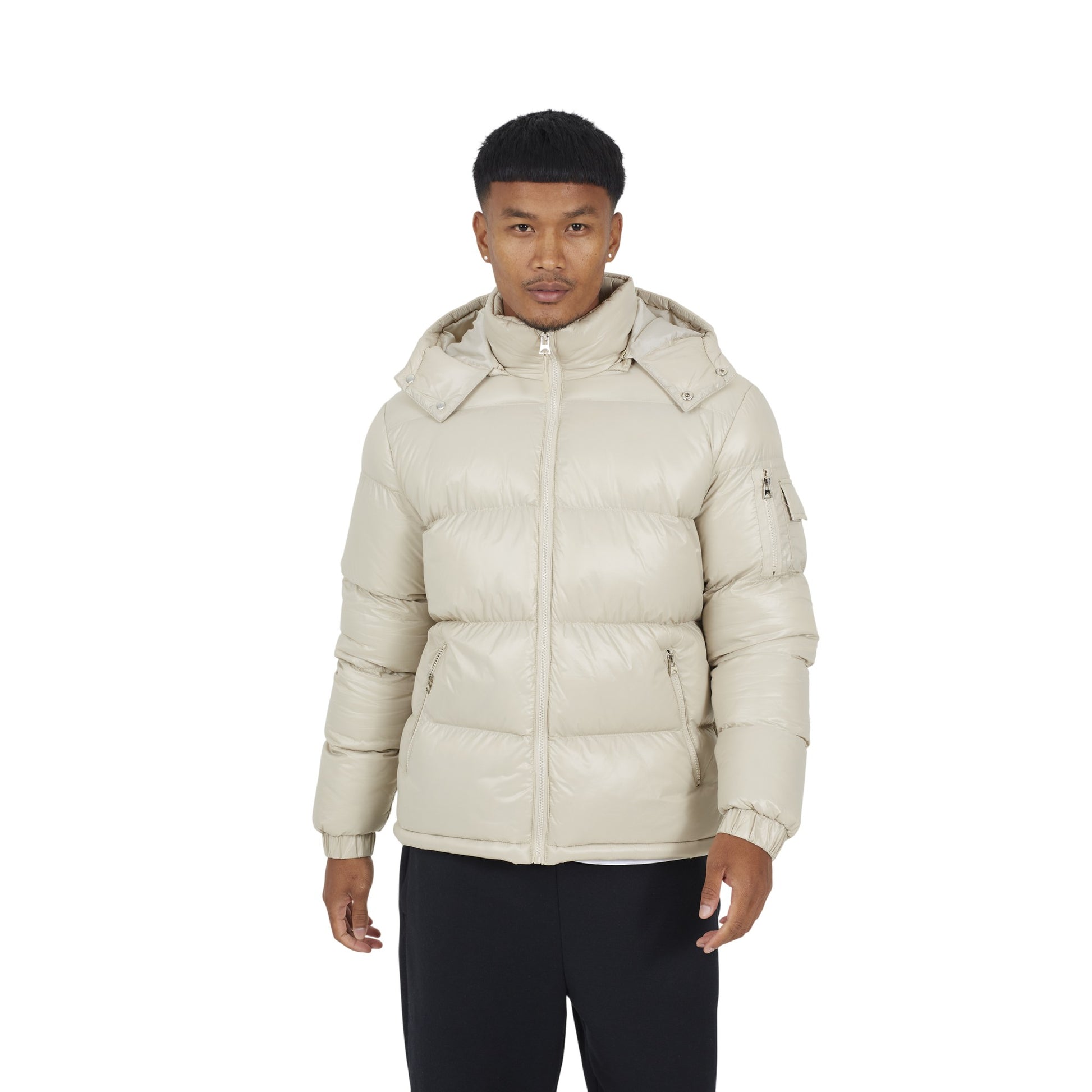 Stone - Front - Brave Soul Mens Nylon Funnel Neck Padded Jacket