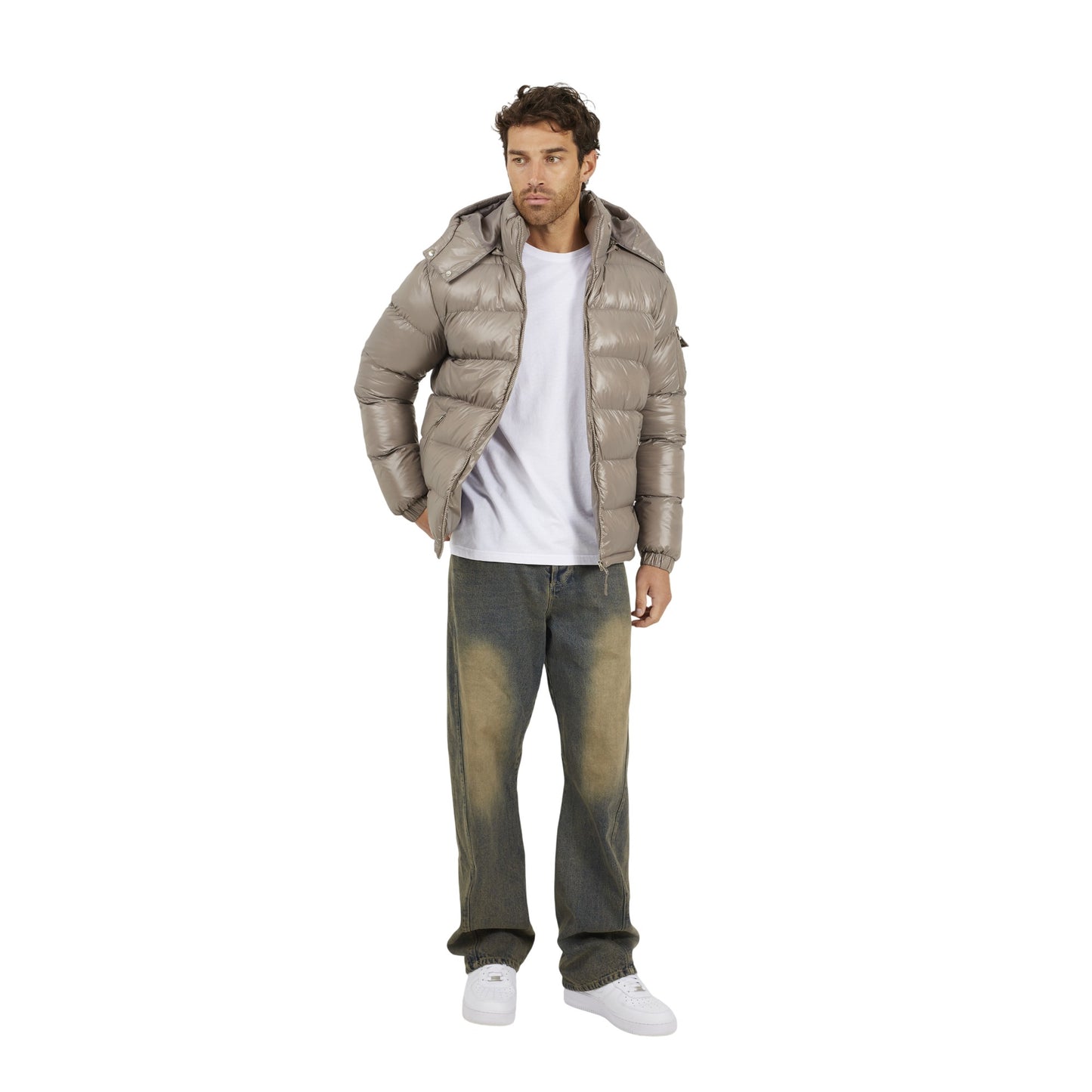 Taupe - Front - Brave Soul Mens Nylon Funnel Neck Padded Jacket