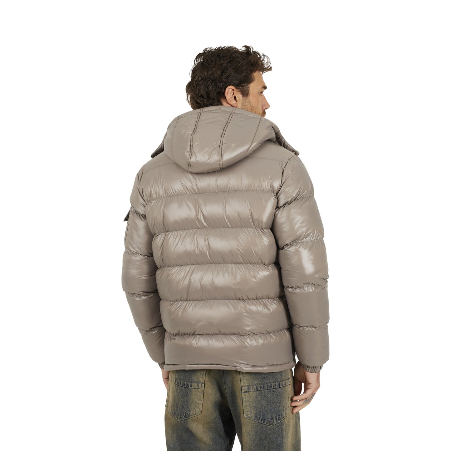 Taupe - Back - Brave Soul Mens Nylon Funnel Neck Padded Jacket