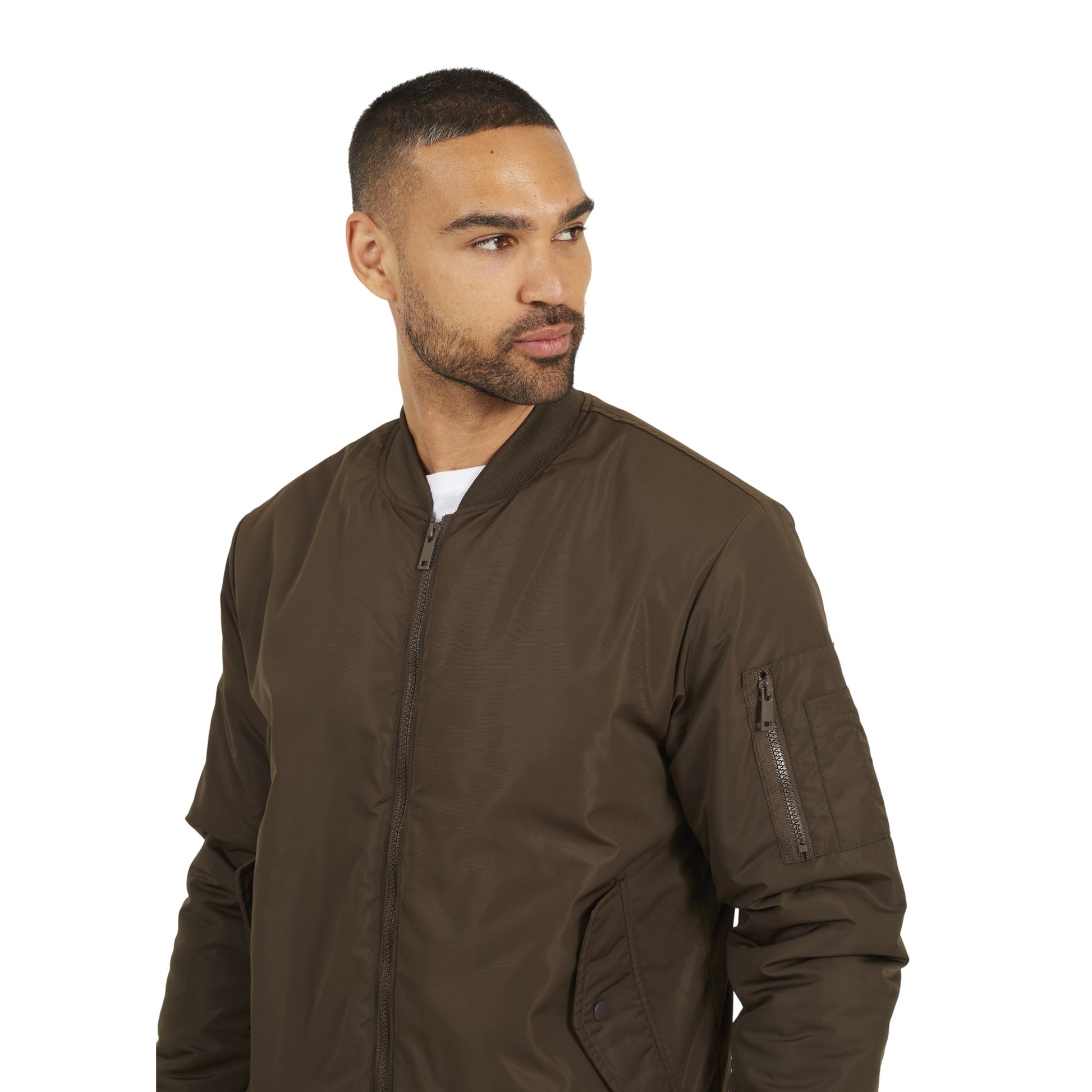 Brown - Side - Brave Soul Mens Sleeve Pocket Bomber Jacket