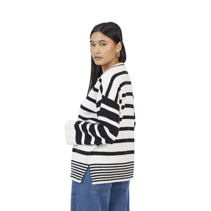 Cream-Black - Back - Brave Soul Womens-Ladies Jack Stripe Crew Neck Tunic Jumper