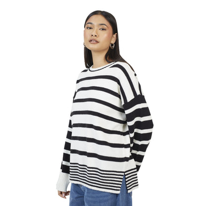 Cream-Black - Side - Brave Soul Womens-Ladies Jack Stripe Crew Neck Tunic Jumper