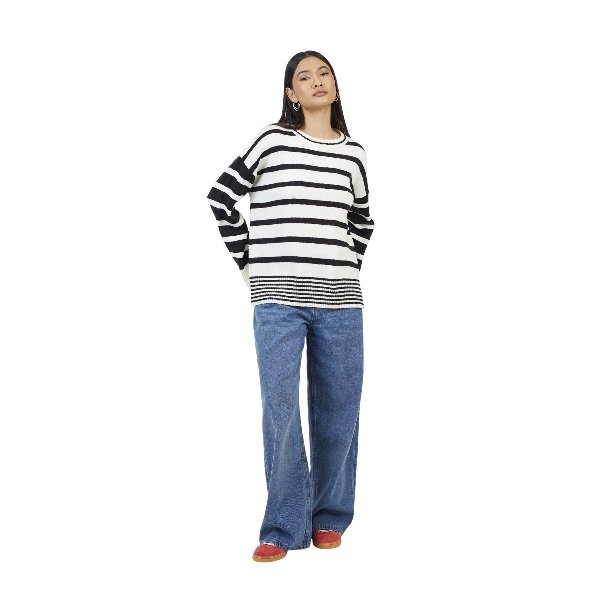 Cream-Black - Lifestyle - Brave Soul Womens-Ladies Jack Stripe Crew Neck Tunic Jumper