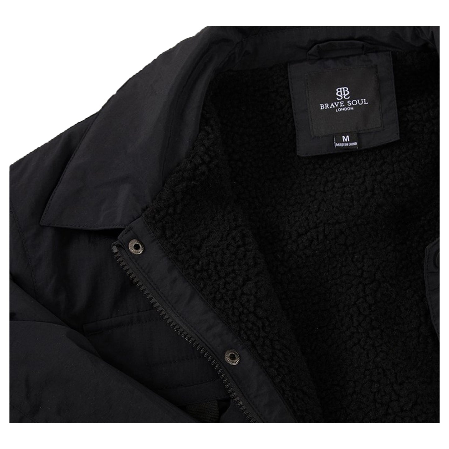 Black - Side - Brave Soul Mens Pearson Borg Lined Zipped Shacket