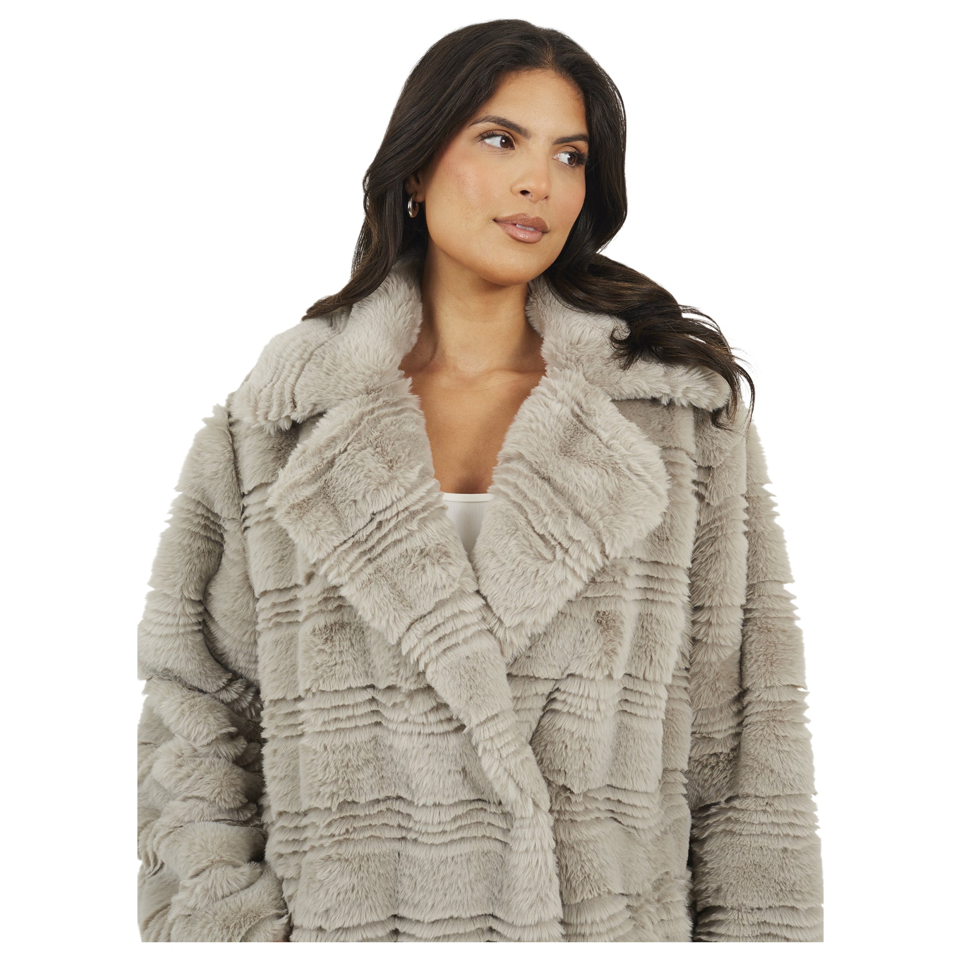 Light Grey - Side - Brave Soul Womens-Ladies Adri Wave Faux Fur Long Length Jacket