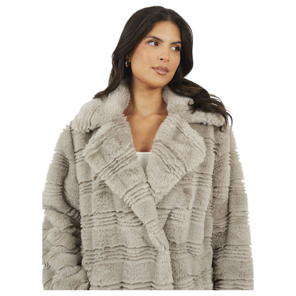 Light Grey - Side - Brave Soul Womens-Ladies Adri Wave Faux Fur Long Length Jacket