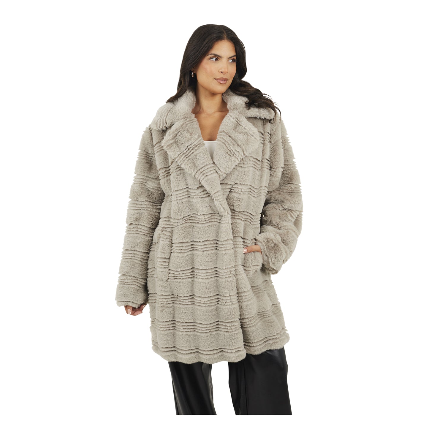 Light Grey - Front - Brave Soul Womens-Ladies Adri Wave Faux Fur Long Length Jacket