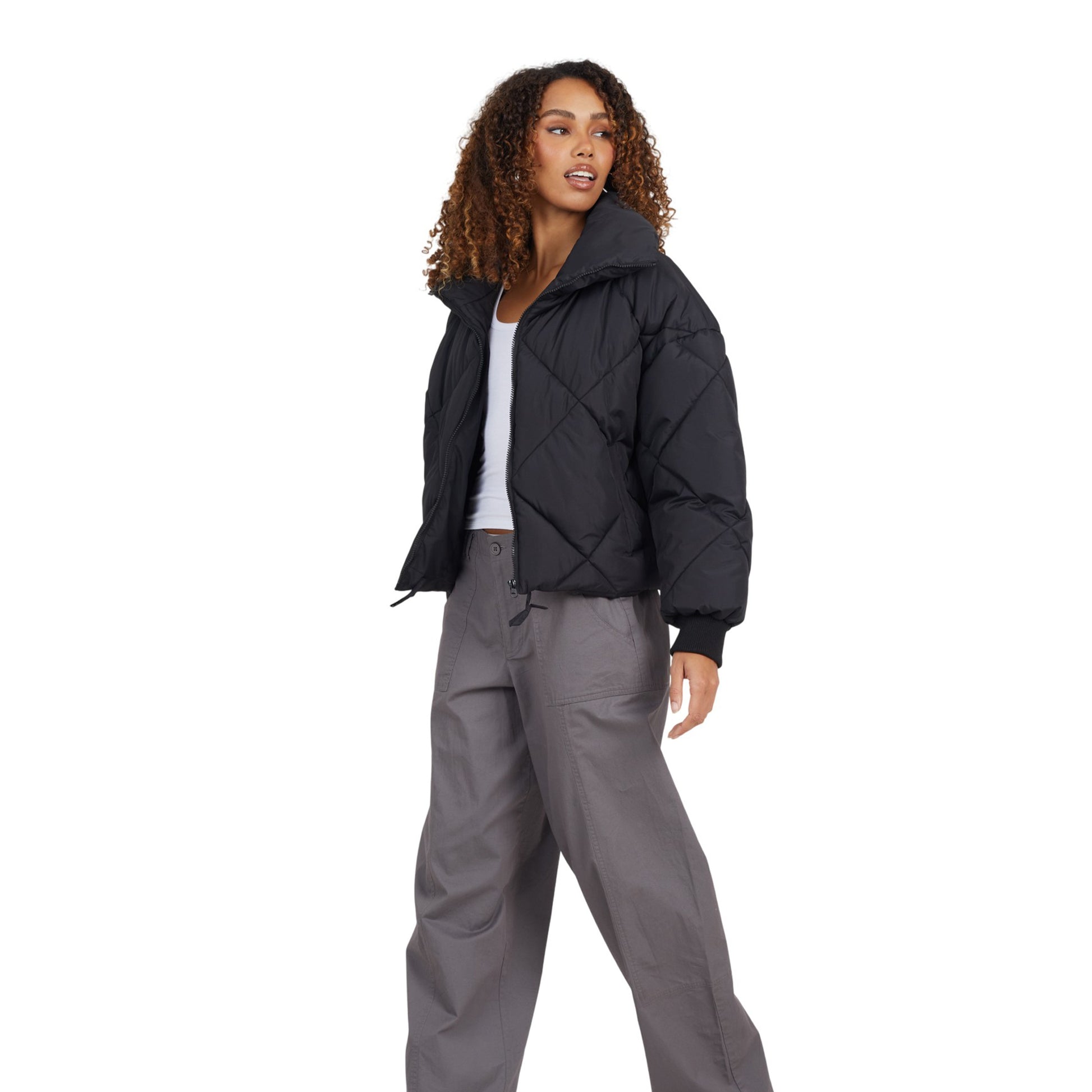 Black - Side - Brave Soul Womens-Ladies Eldan Diamond Quilted Padded Jacket
